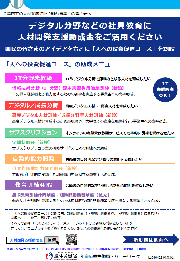 デジタル分野などの社員教育に人材開発支援助成金をご活用ください(表面) デジタル分野などの社員教育に人材開発支援助成金をご活用ください(表面)